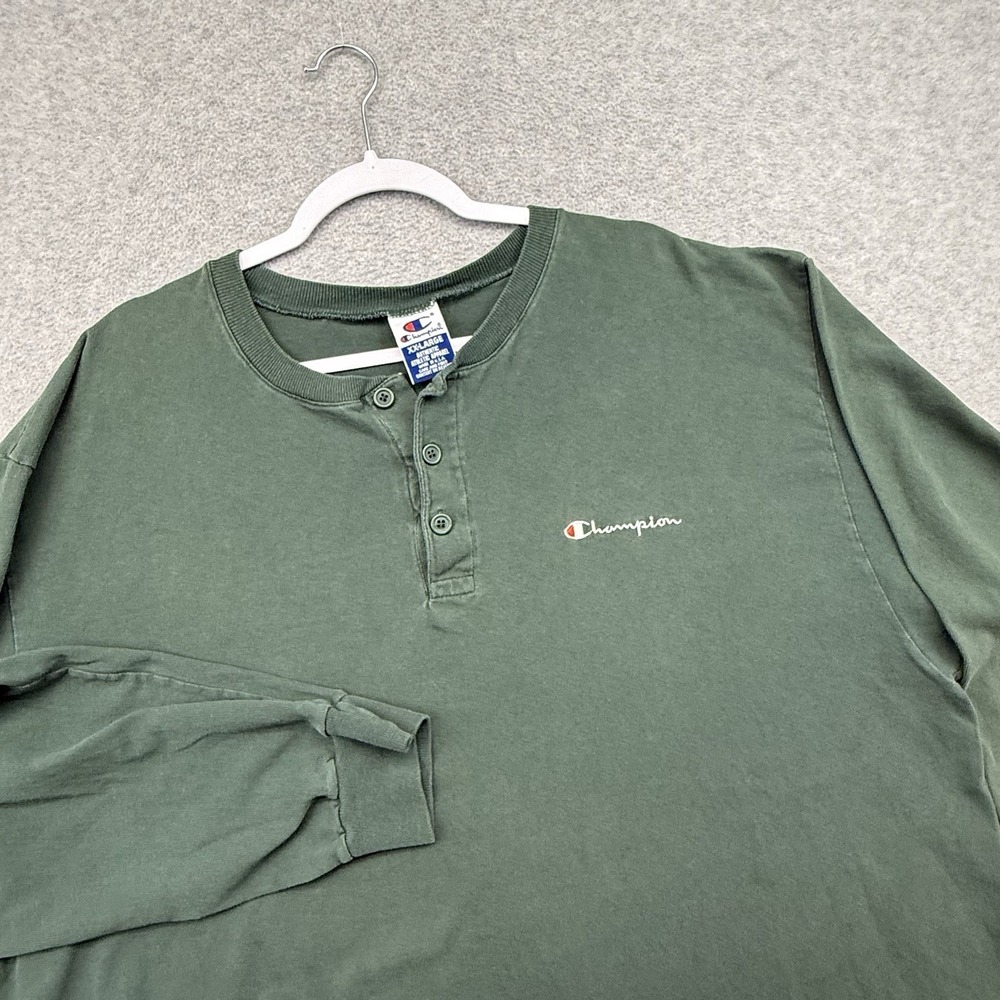 Vintage 90s Champion Henley T Shirt Dark Green  XXL Made in USA Script Logo‎ 2Xl